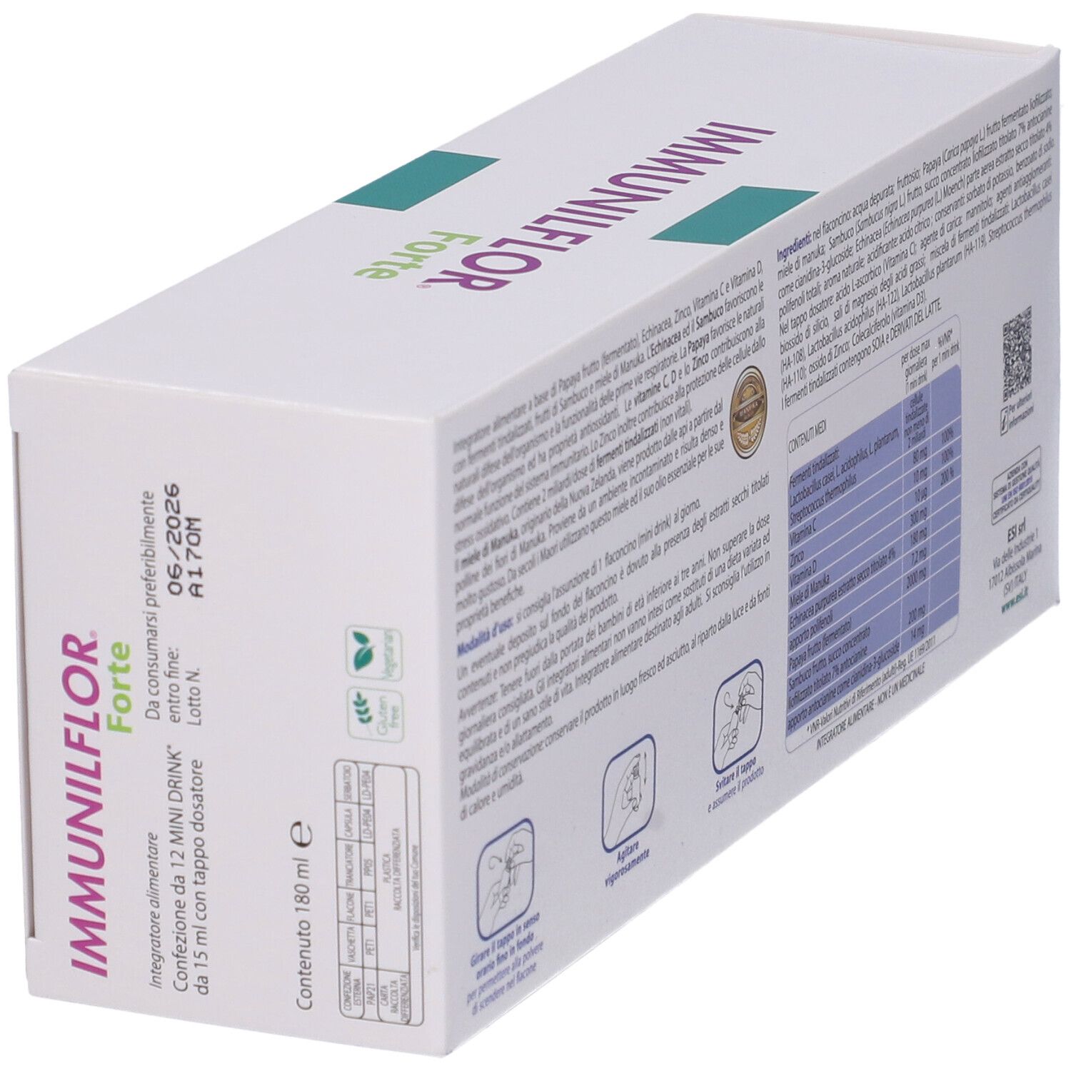 Lato della confezione ESI Immunilflor Forte. Scadenza, informazioni e pittogrammi. Volume totale 180 ml.