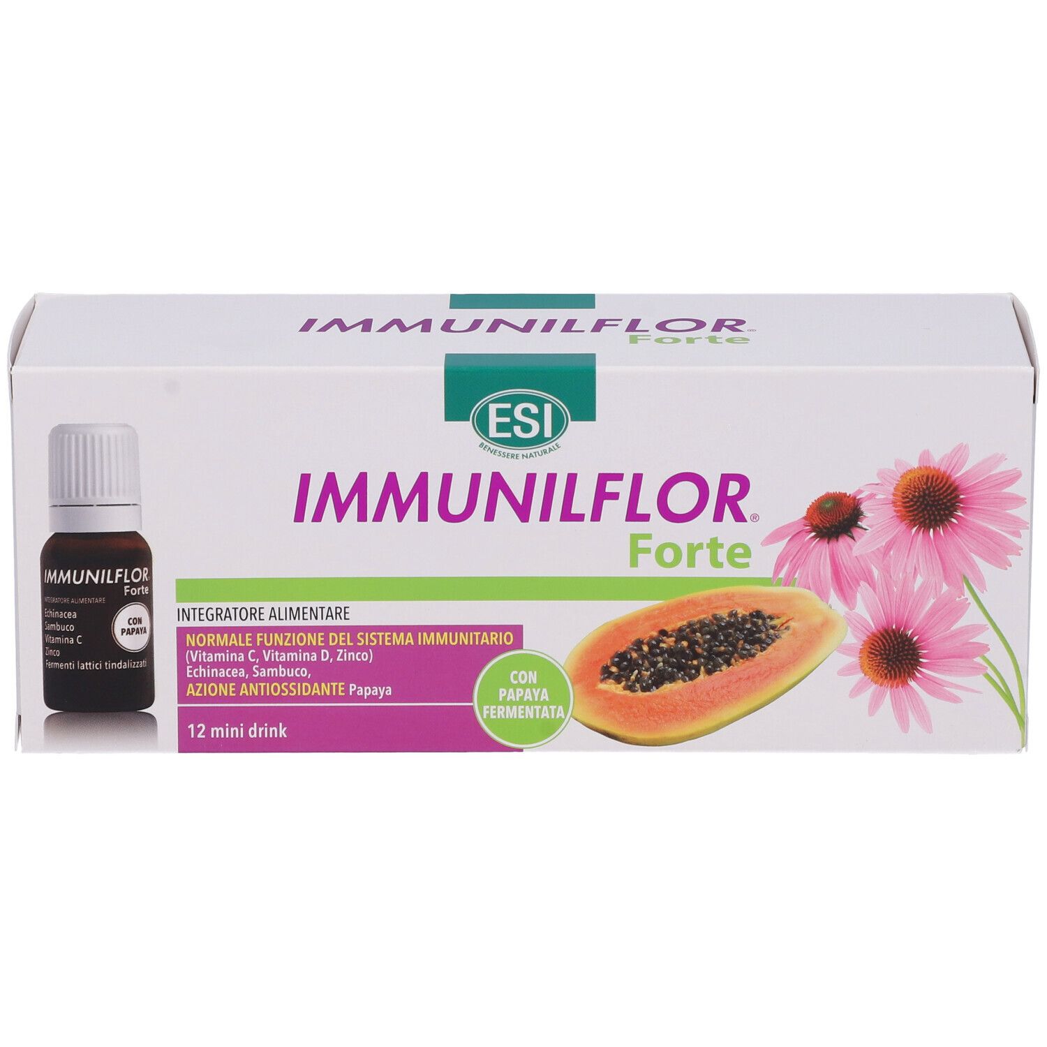 Confezione ESI Immunilflor Forte con flacone. Illustrazione papaya e fiori. Scritta: Immunilflor Forte, 12 mini drink.