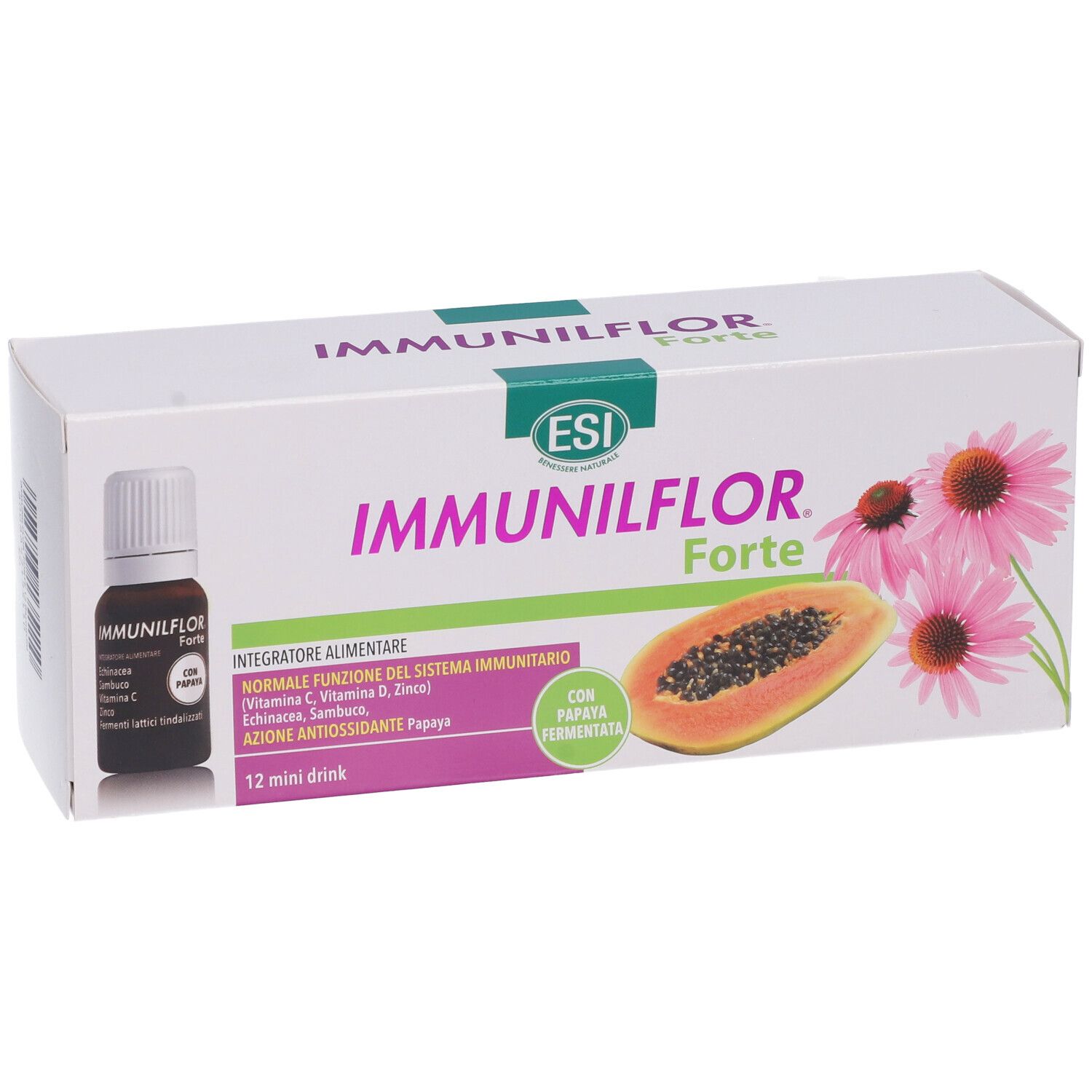 Confezione ESI Immunilflor Forte con flacone. Illustrazione papaya e fiori. Scritta: Immunilflor Forte, 12 mini drink.