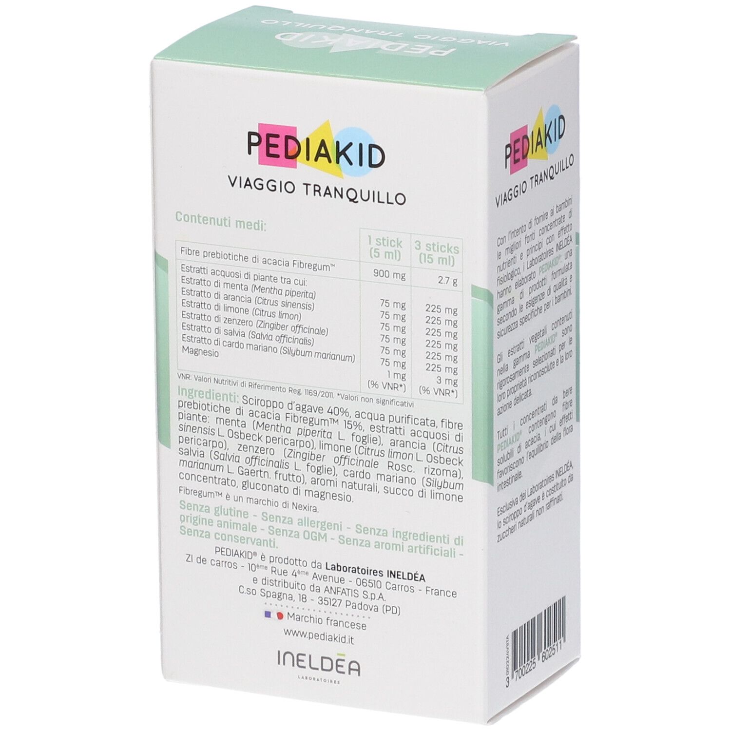 Retro della confezione Pediakid Viaggio Tranquillo. Contiene informazioni nutrizionali per stick e per 3 stick. Ingredienti elencati.