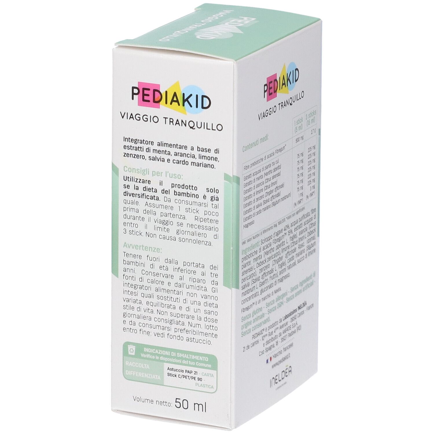 Lato della confezione Pediakid Viaggio Tranquillo. Contiene informazioni per l'uso e avvertenze. Volume: 50 ml.