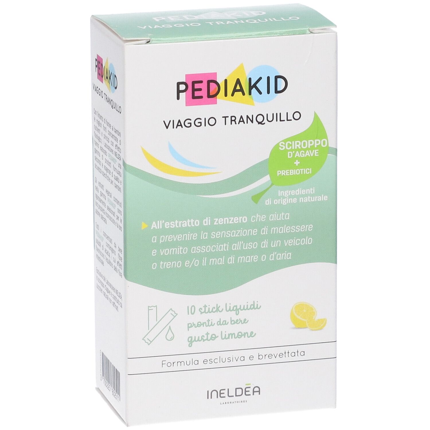 Vista obliqua della confezione Pediakid Viaggio Tranquillo. Contiene 10 stick liquidi gusto limone. Scritto: Sciroppo d'agave + Prebiotici.
