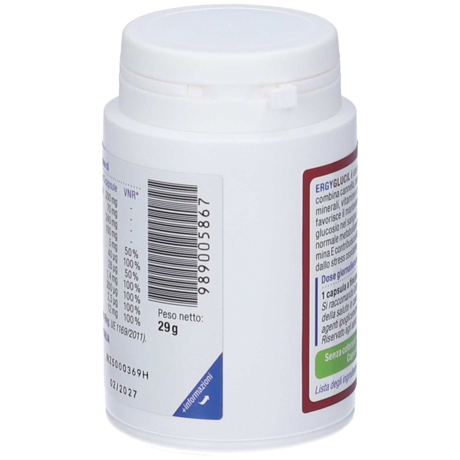 Flacone bianco ERGYGLUCIL. Etichetta con informazioni nutrizionali e peso: 29g. Scadenza: 02/2027.