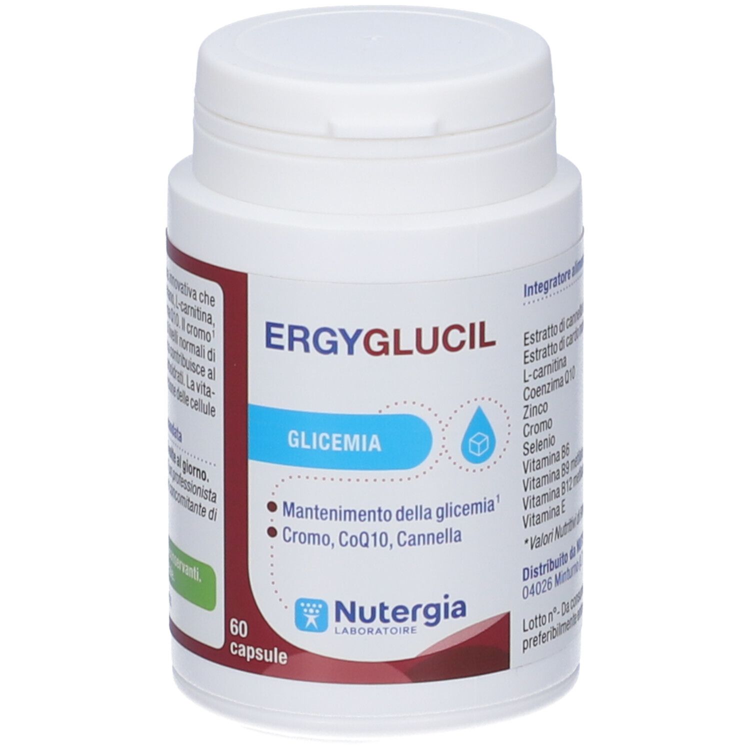 Flacone bianco ERGYGLUCIL, 60 capsule. Scritta GLICEMIA. Marchio Nutergia Laboratoire.
