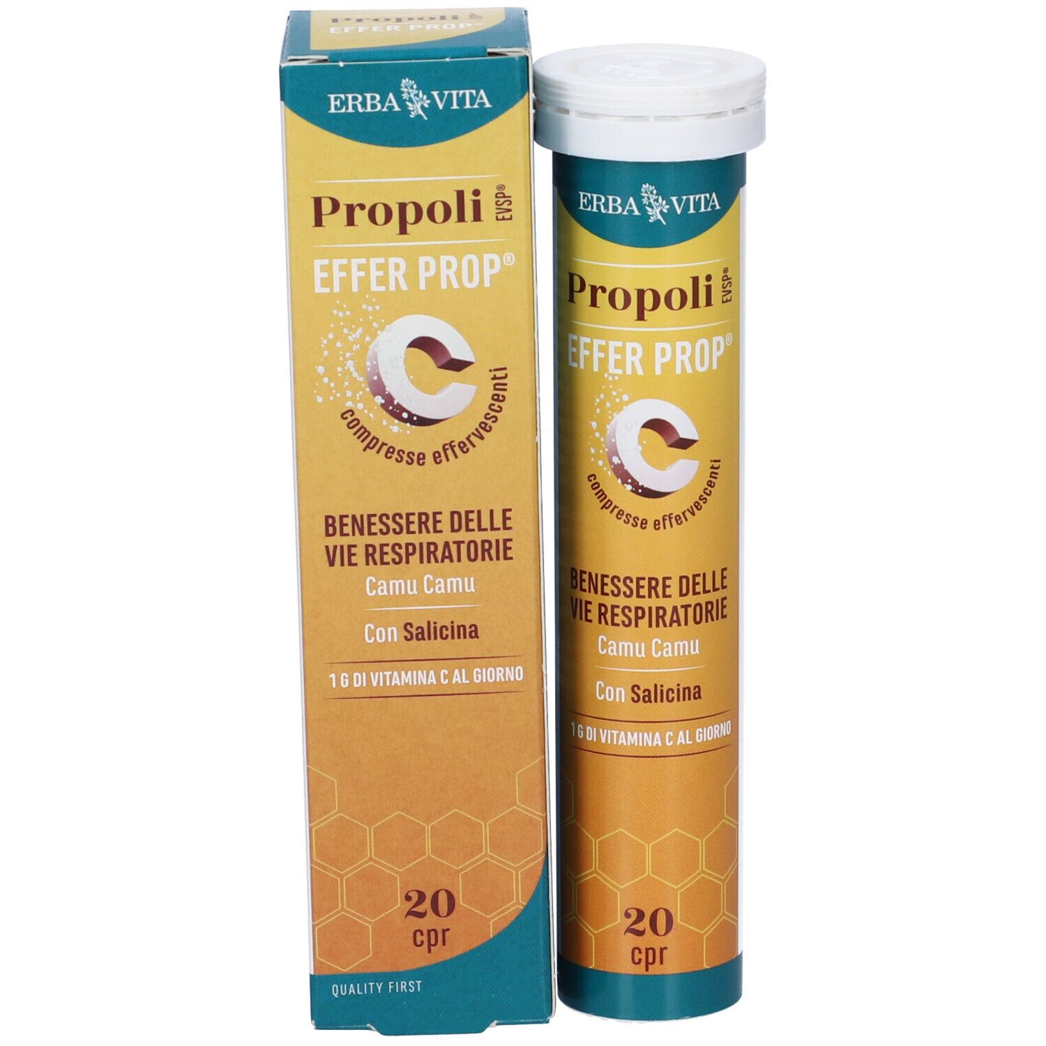 Confezione e tubo del prodotto. Scritta: Propoli, Effer Prop, 20 compresse. Sfondo giallo-marrone.