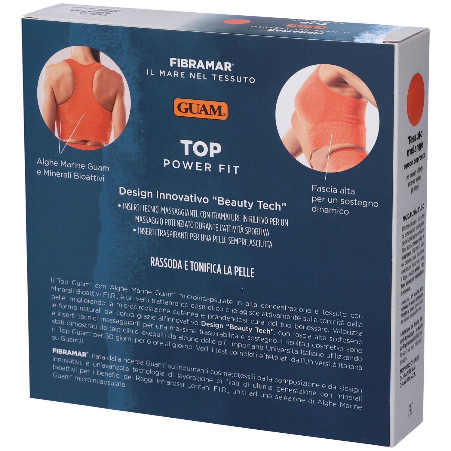 Scatola, top sportivo arancione. Testo: Guam Top Power Fit. Scritte: Fibramar, alghe, minerali. Illustrazioni prodotto.