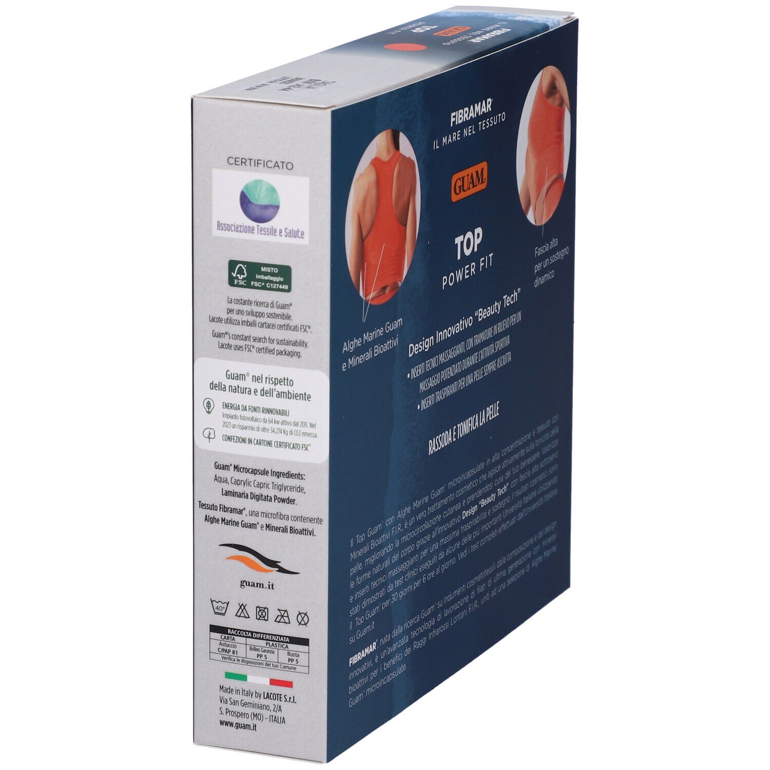 Scatola, top sportivo arancione. Testo: Guam Top Power Fit. Scritte: Fibramar, alghe, minerali. Certificazioni.