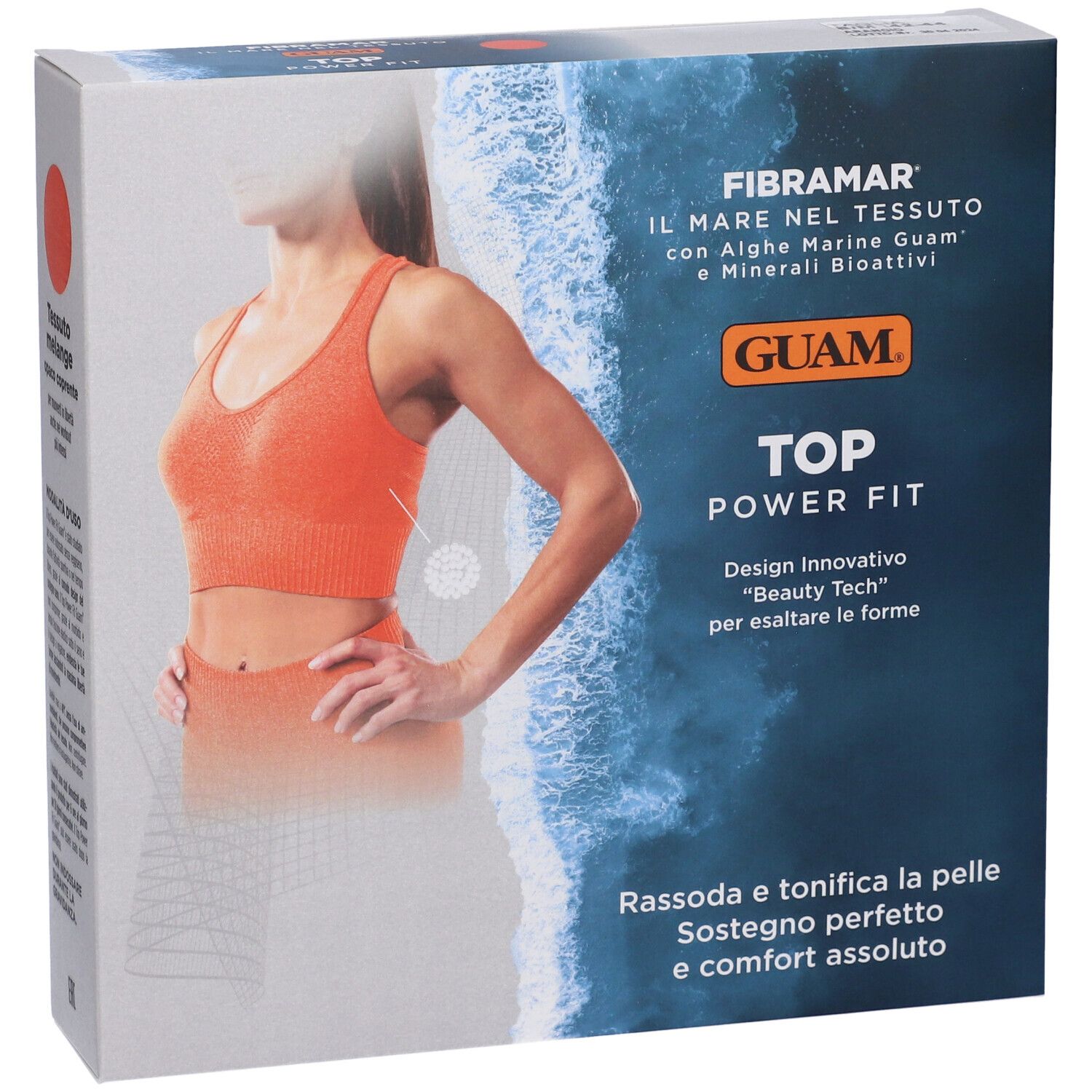 Confezione top sportivo arancione. Testo: Guam Top Power Fit. Scritte: Fibramar, alghe, minerali. Illustrazione prodotto.