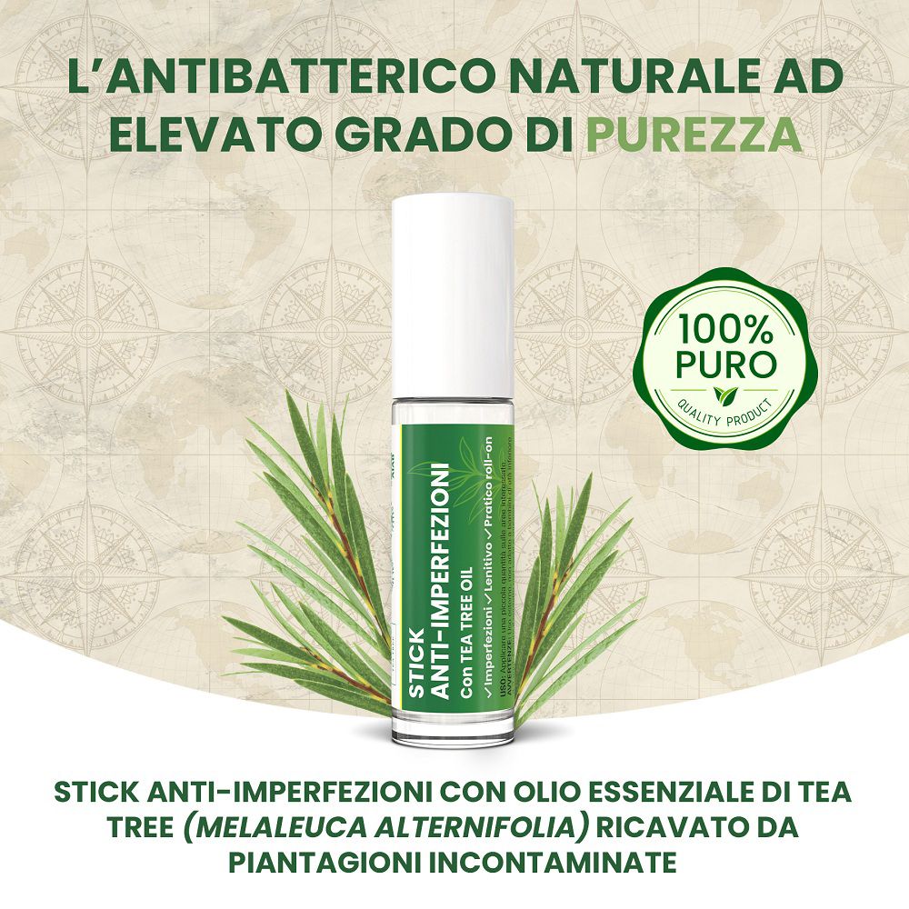 Stick roll-on con olio di tea tree, con foglie di tea tree e sigillo di qualità 100% puro.