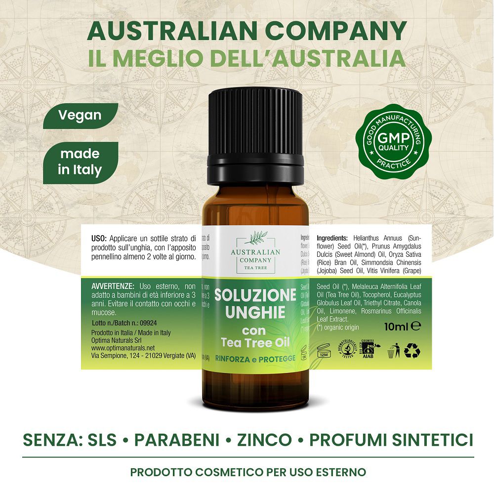 Flacone di soluzione unghie con olio di tea tree, 10ml, sul retro della confezione.
