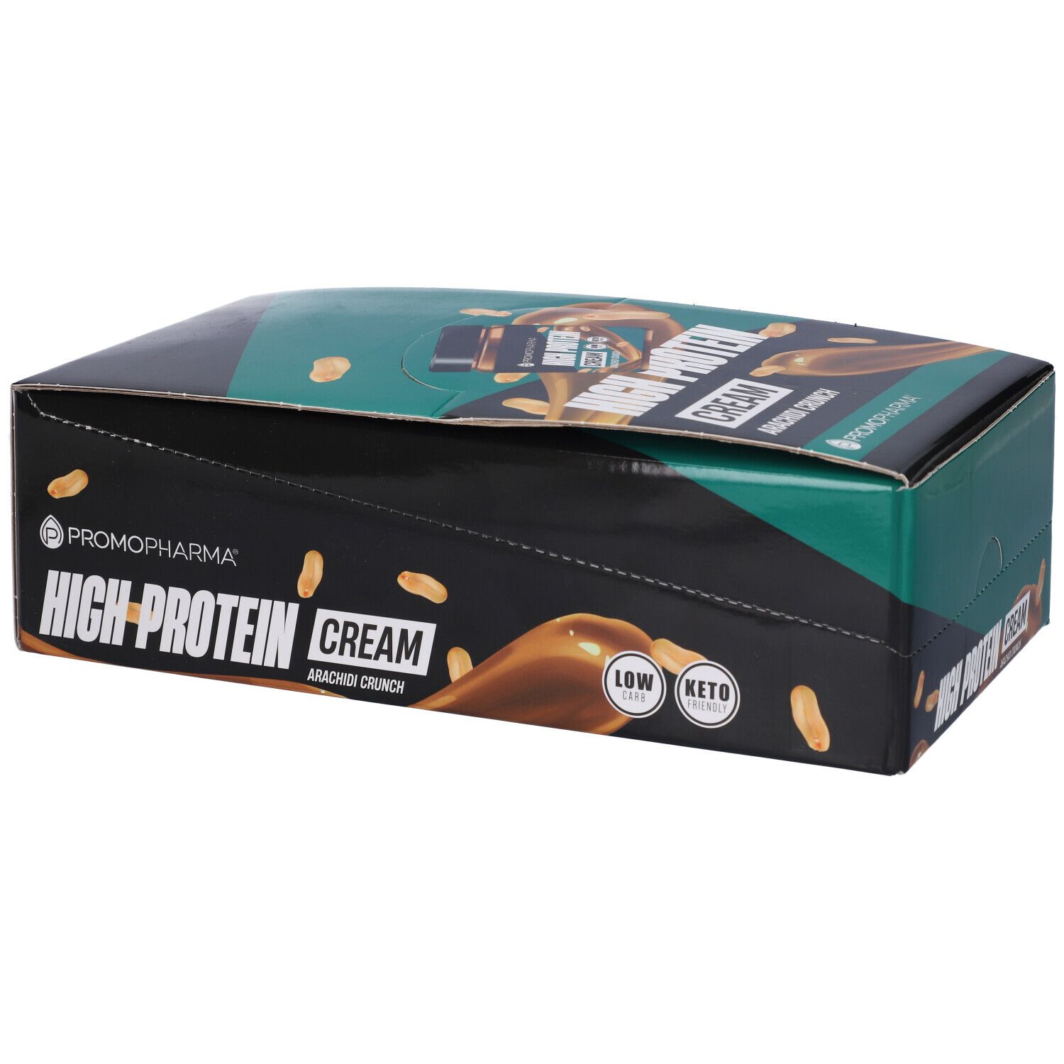 Confezione in cartone "High Protein Cream Arachidi Crunch". Sfondo nero, accenti verdi, logo e scritta del prodotto.