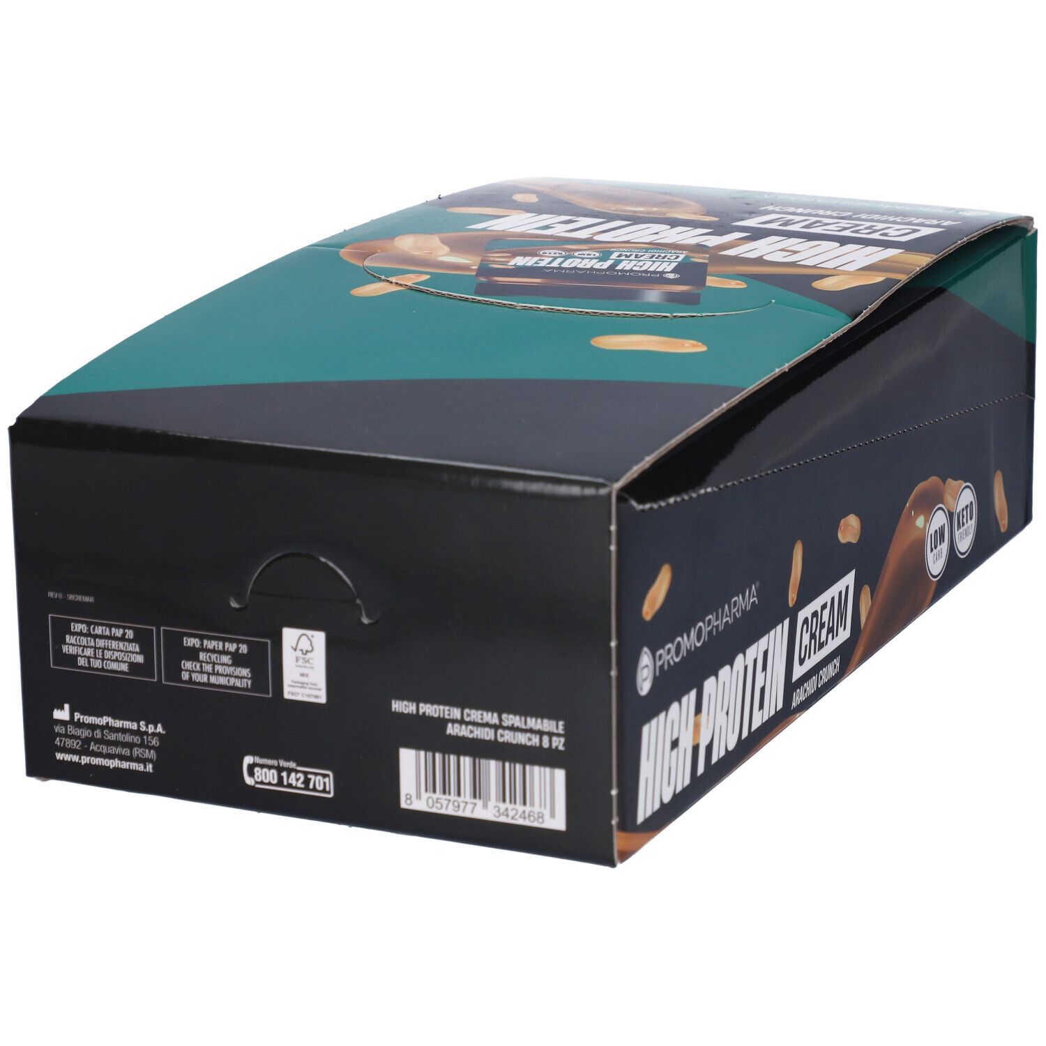 Confezione in cartone "High Protein Cream Arachidi Crunch". Design verde e nero, logo del prodotto, testo e codice a barre.