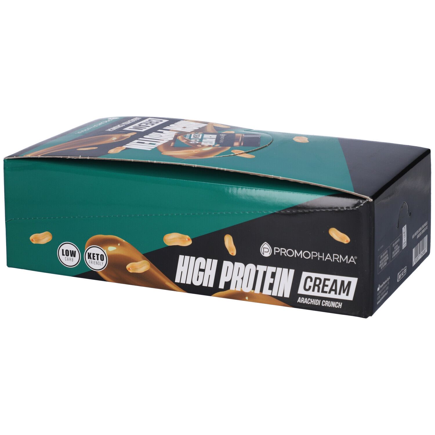 Confezione in cartone "High Protein Cream Arachidi Crunch". Design verde e nero, logo del prodotto, testo ed etichetta Keto.