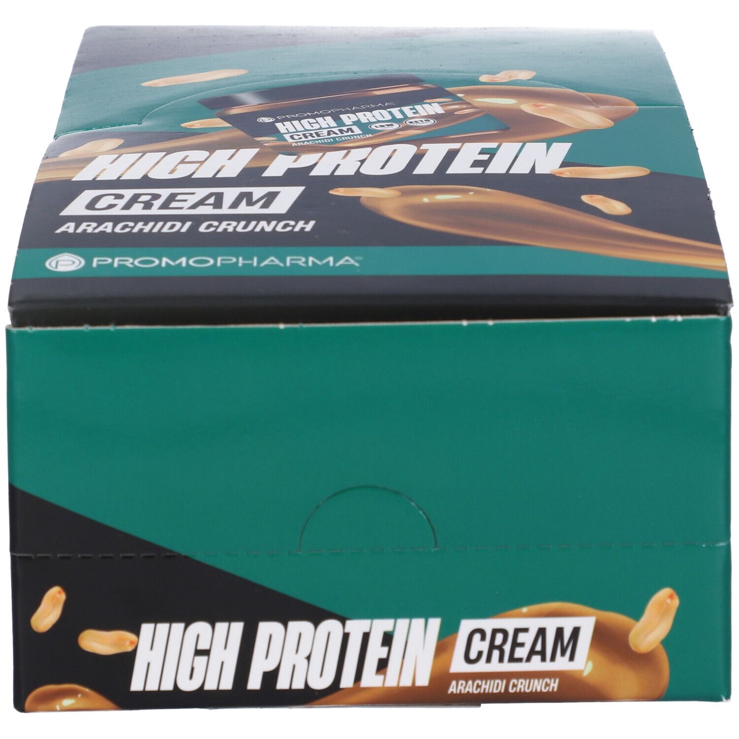 Confezione in cartone "High Protein Cream Arachidi Crunch". Design verde e nero, logo e testo del prodotto.