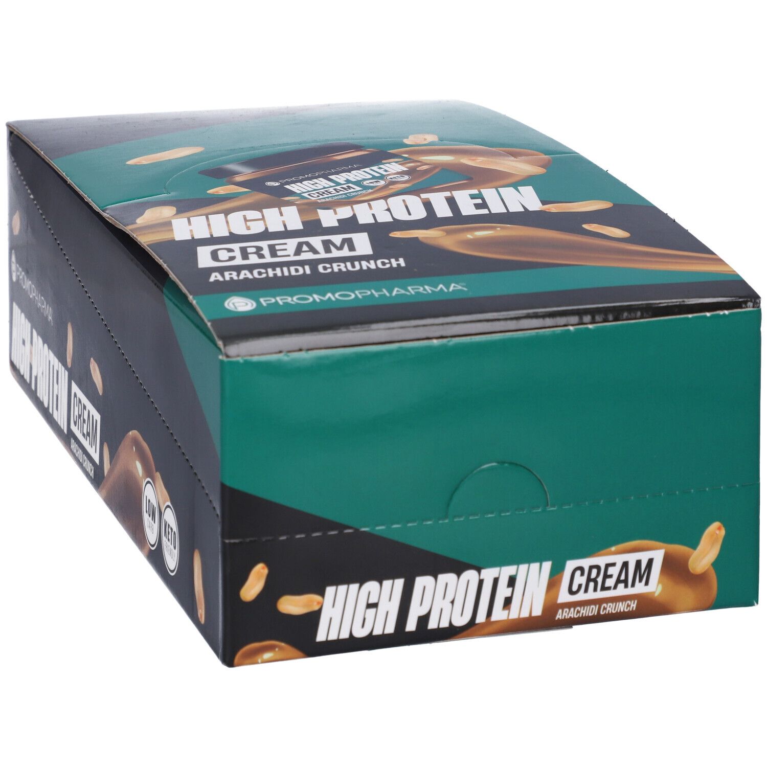Confezione in cartone "High Protein Cream Arachidi Crunch". Design verde e nero, logo e testo del prodotto.
