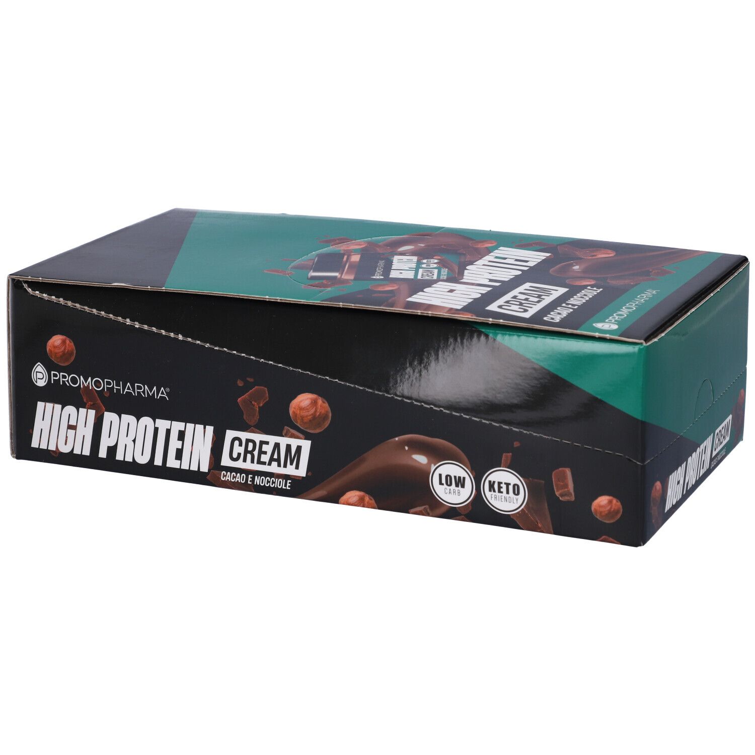 Scatola "High Protein Cream" con logo e immagine del prodotto. Design verde e nero, scritta "Low Keto".