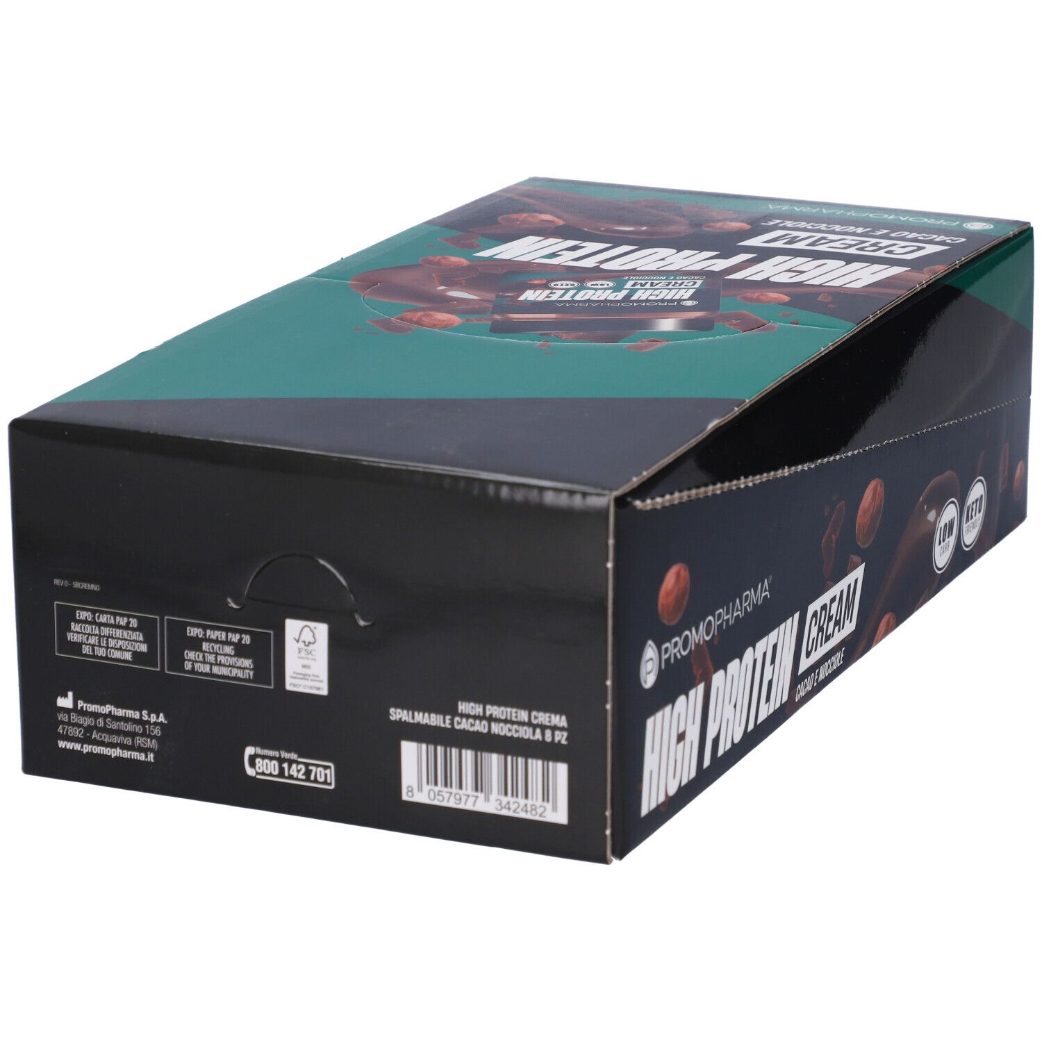 Confezione "High Protein Cream". Scatola verde e nera con logo e informazioni sul prodotto. Retro.
