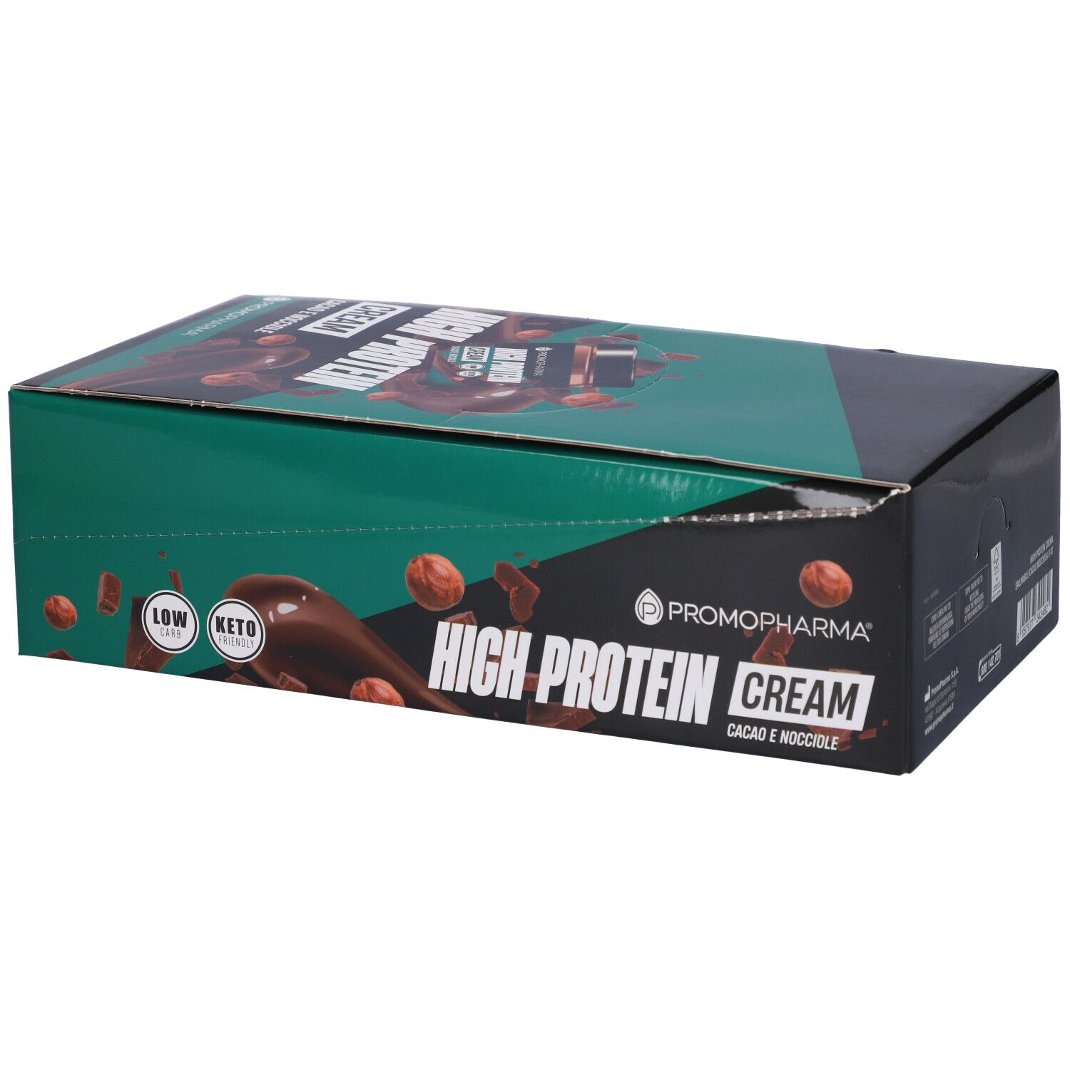 Scatola "High Protein Cream" con logo e immagine del prodotto. Design verde e nero, scritta "Low Keto".