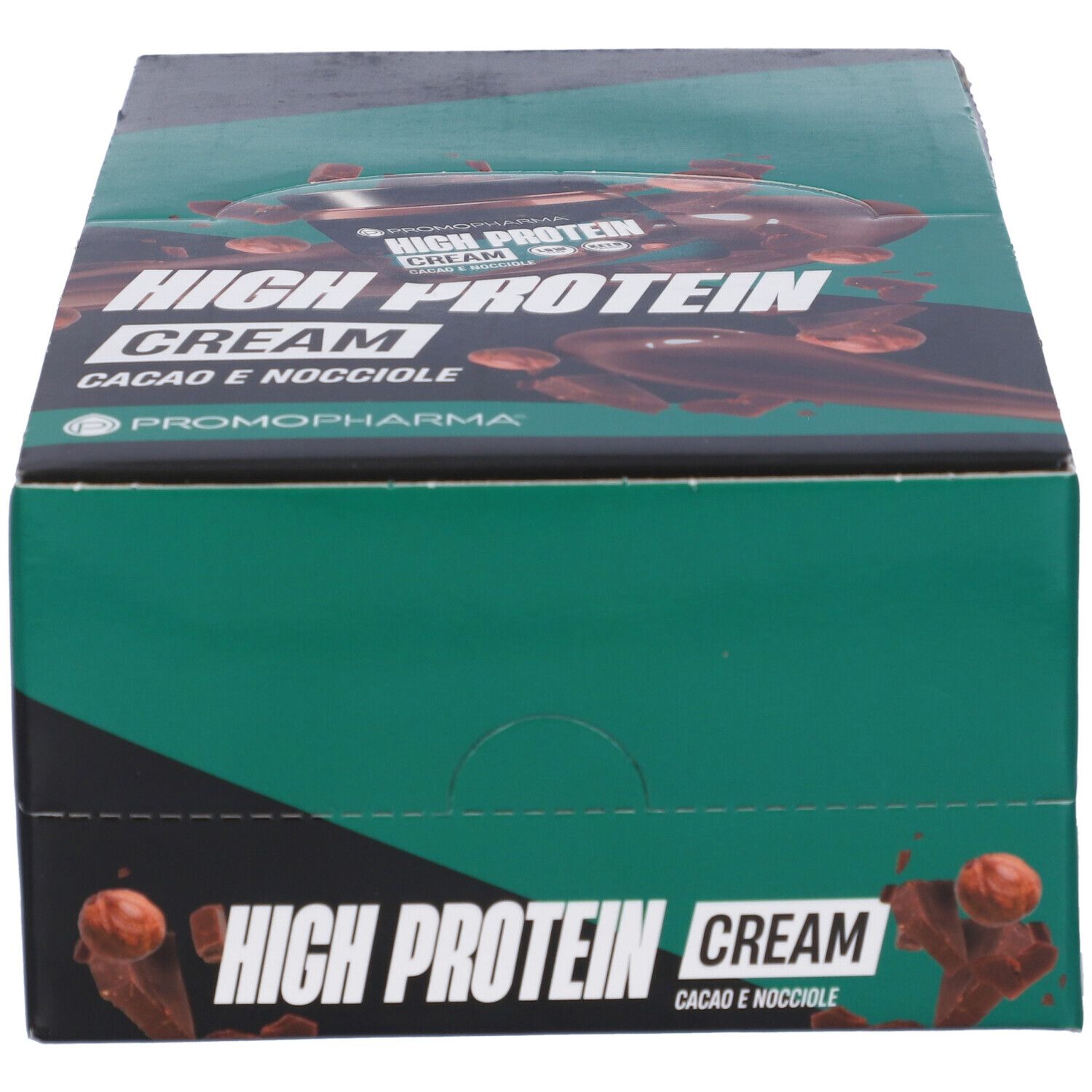 Confezione "High Protein Cream". Scatola verde e nera con logo e immagine del prodotto. Vista dall'alto.
