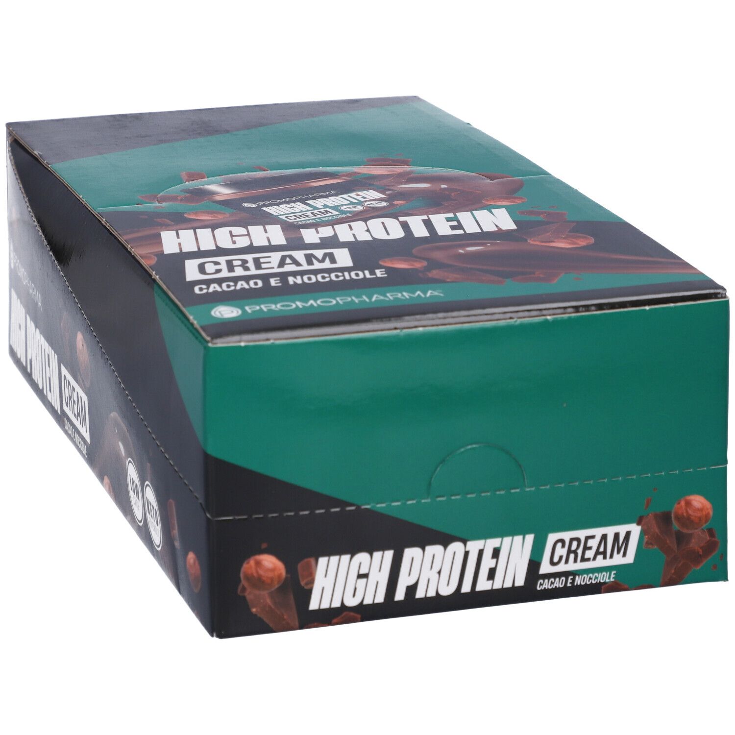 Confezione "High Protein Cream". Scatola verde e nera con logo e immagine del prodotto. Vista obliqua.