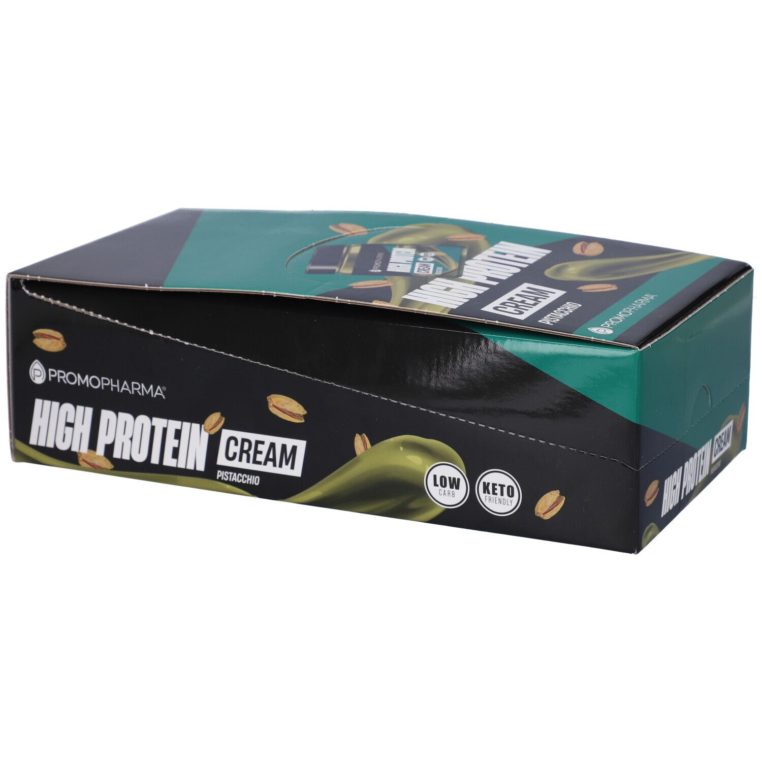 Confezione in cartone con "High Protein Cream Pistacchio" e logo. Illustrazioni di pistacchi. Logo Low Keto.