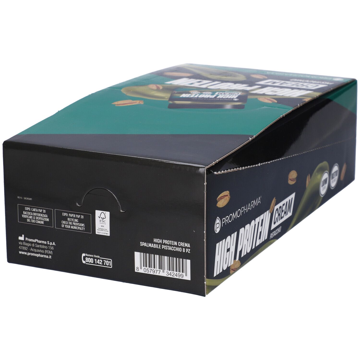Confezione in cartone con "High Protein Cream Pistacchio" e logo. Illustrazioni di pistacchi. Testo sul retro.