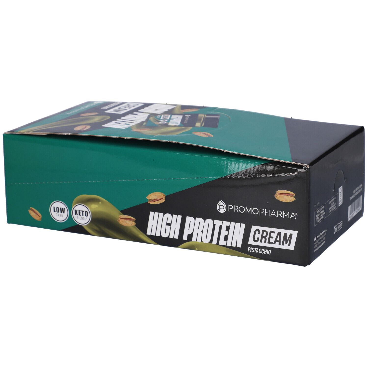 Confezione in cartone con "High Protein Cream Pistacchio" e logo. Illustrazioni di pistacchi. Logo Low Keto.