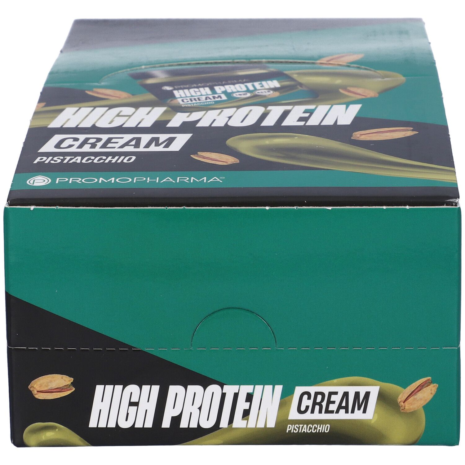 Confezione in cartone verde e nero con "High Protein Cream Pistacchio" e logo. Illustrazioni di pistacchi.