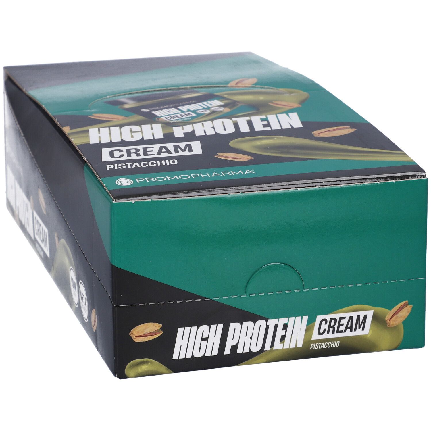 Confezione in cartone verde e nero con "High Protein Cream Pistacchio" e logo. Illustrazioni di pistacchi.