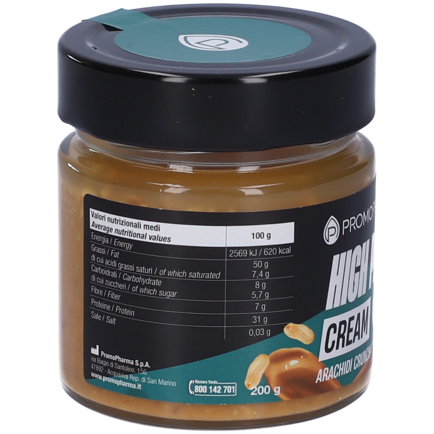 Vasetto con informazioni nutrizionali. Coperchio nero. Etichetta con informazioni su energia, grassi, carboidrati, fibre, proteine e sale.