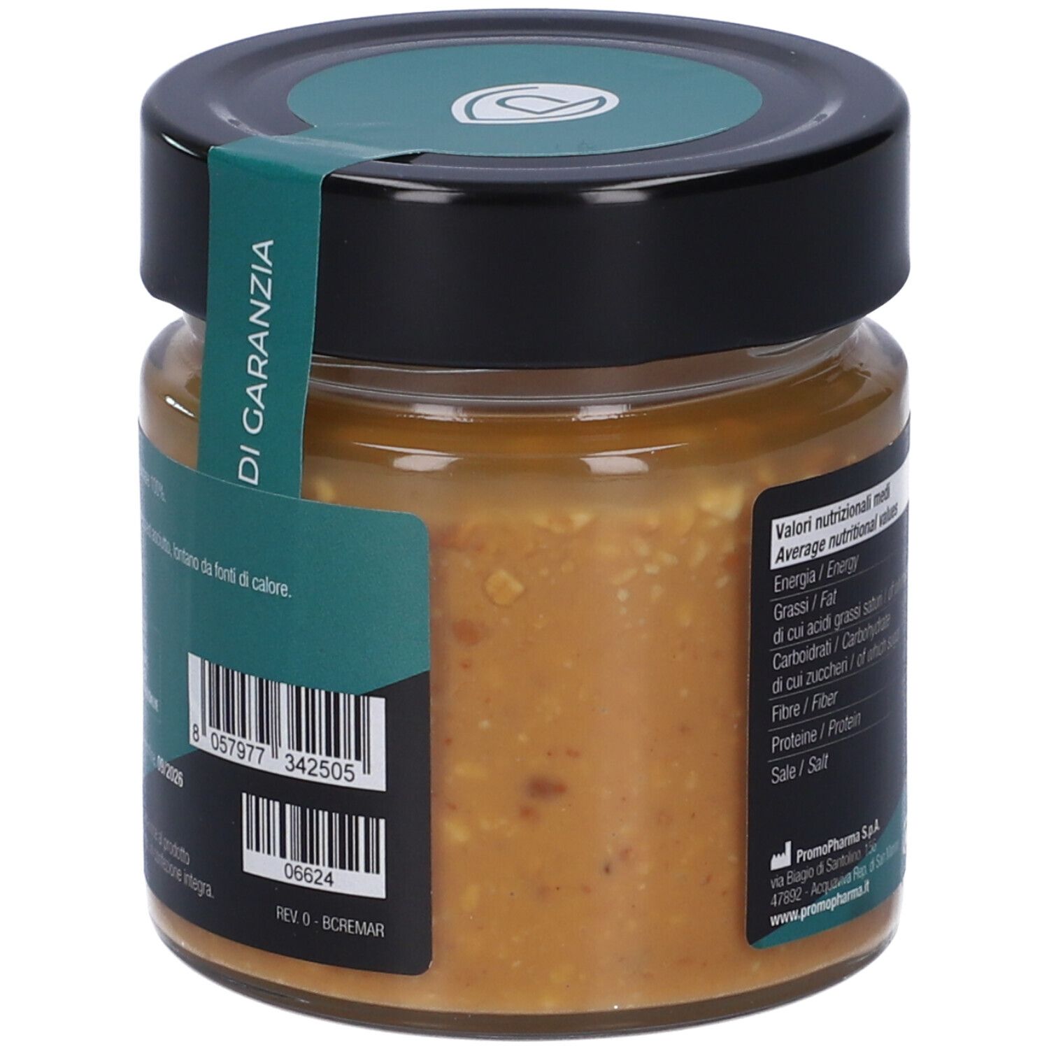 Vasetto con codice a barre ed etichetta di garanzia. Coperchio nero. Etichetta con codice a barre e testo "DI GARANZIA".