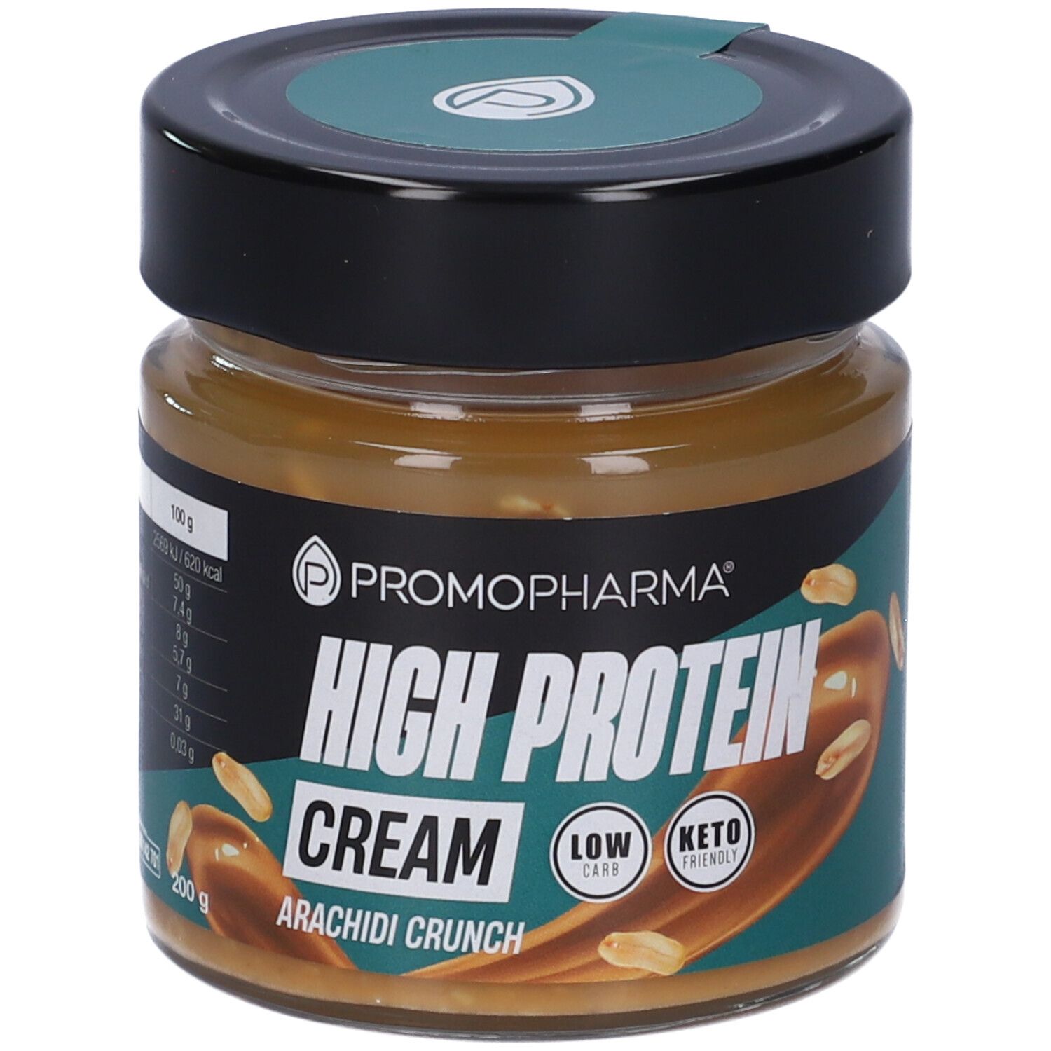 Vasetto con scritta "HIGH PROTEIN CREAM Arachidi Crunch". Coperchio nero. Etichetta verde-bianca con logo e nome del prodotto.