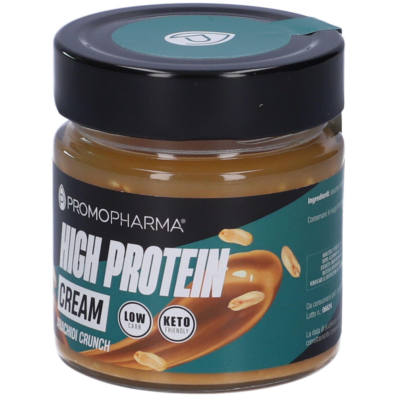 Vasetto con scritta "HIGH PROTEIN CREAM Arachidi Crunch". Coperchio nero. Etichetta verde-bianca con logo e nome del prodotto.