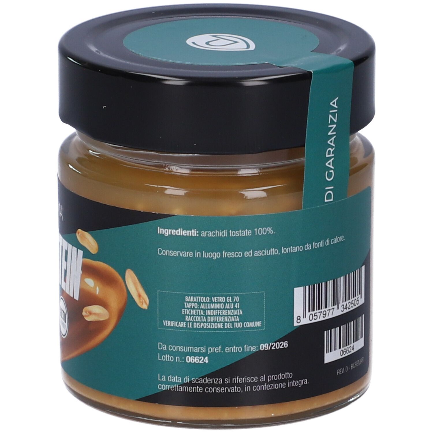 Vasetto con lista ingredienti ed etichetta di garanzia. Coperchio nero. Etichetta con ingredienti e testo "DI GARANZIA".