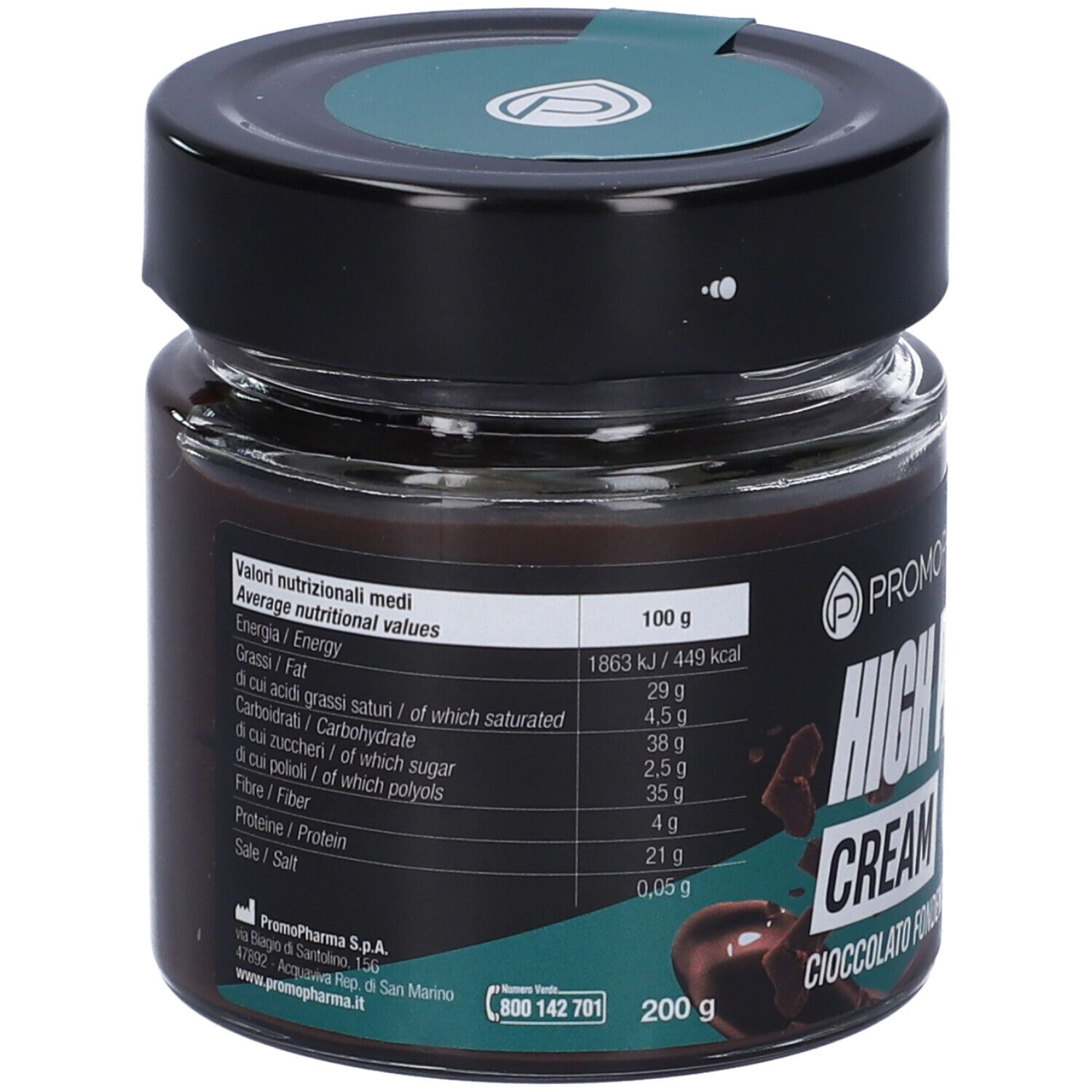 Vasetto con coperchio nero. Informazioni nutrizionali. Scritta: HIGH PROTEIN CREAM, Cioccolato Fondente. Logo: Promopharma. 200 g.