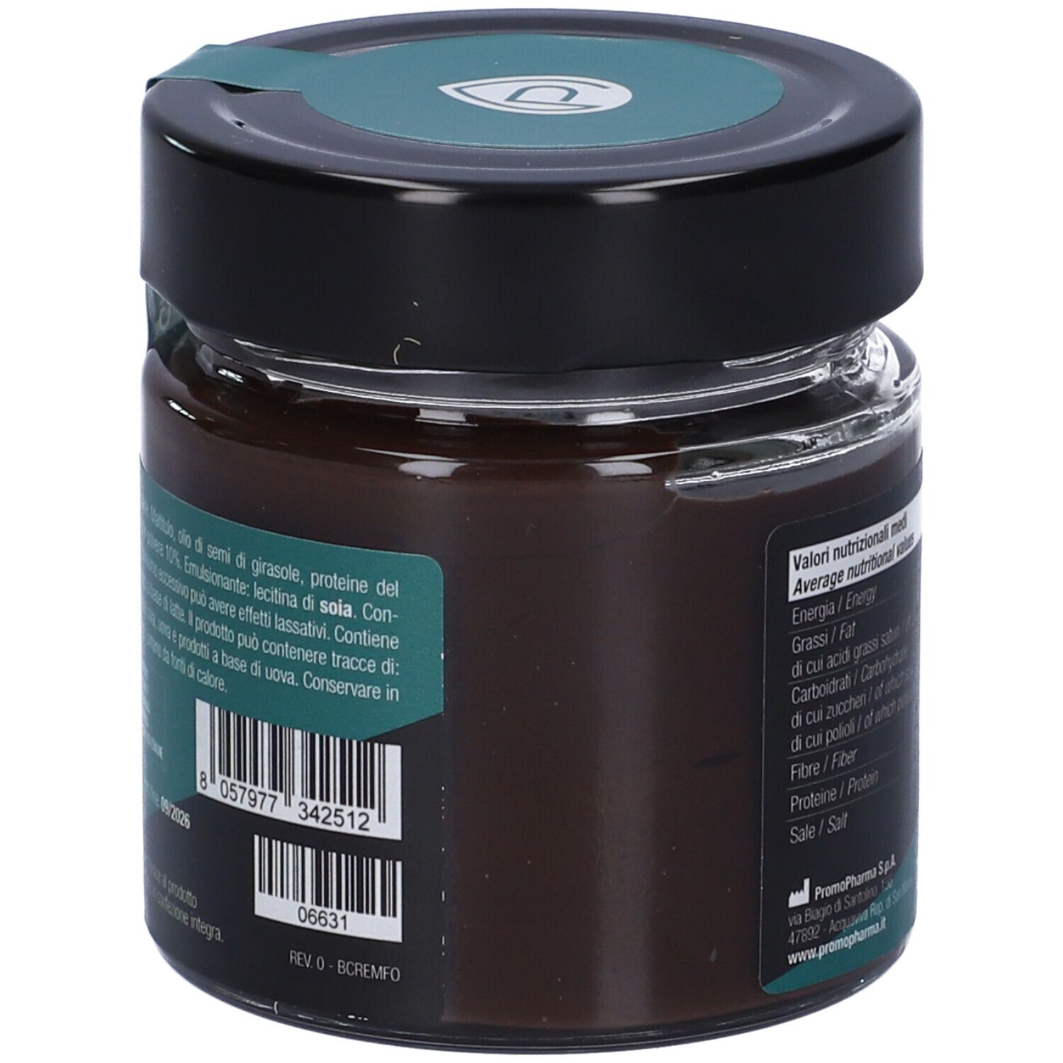Vasetto con coperchio nero. Elenco ingredienti. Scritta: HIGH PROTEIN CREAM, Cioccolato Fondente. Logo: Promopharma. 200 g.