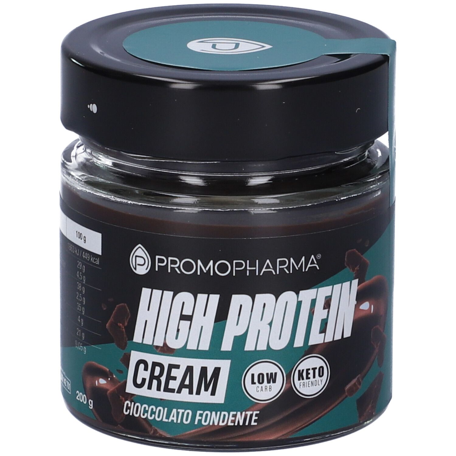 Vasetto con coperchio nero. Scritta: HIGH PROTEIN CREAM, Cioccolato Fondente. Logo: Promopharma. 200 g. Low Carb, Keto Friendly.