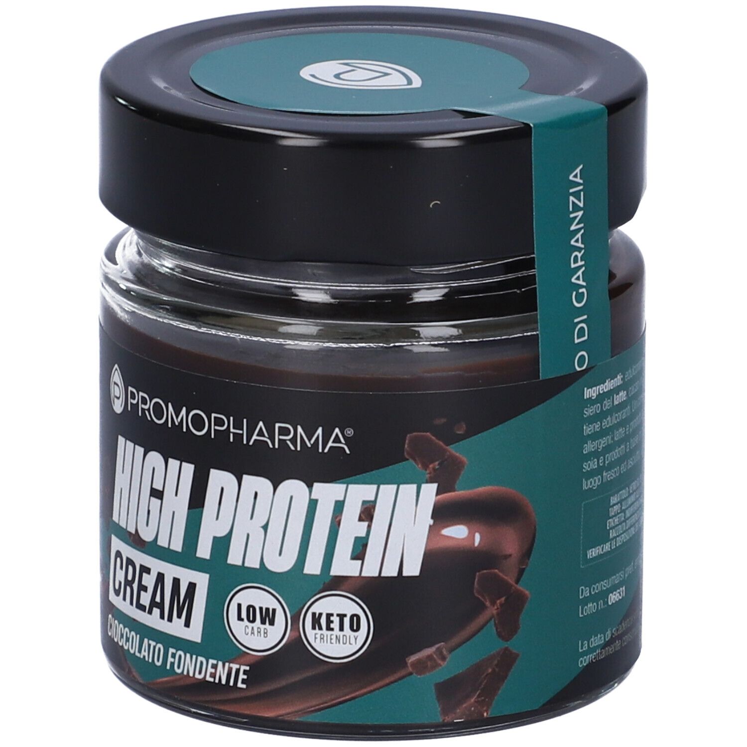 Vasetto con coperchio nero. Scritta: HIGH PROTEIN CREAM, Cioccolato Fondente. Logo: Promopharma. Etichetta verde-arancio. Adesivo di garanzia.