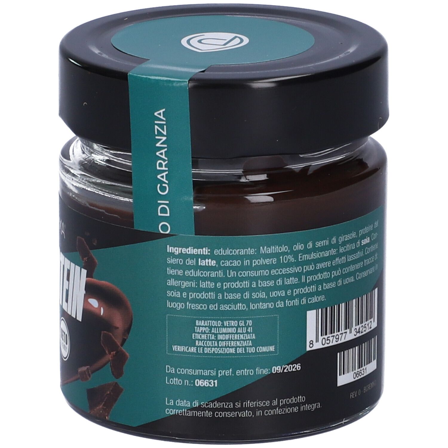 Vasetto con coperchio nero. Elenco ingredienti. Scritta: HIGH PROTEIN CREAM, Cioccolato Fondente. Logo: Promopharma. Data di scadenza.