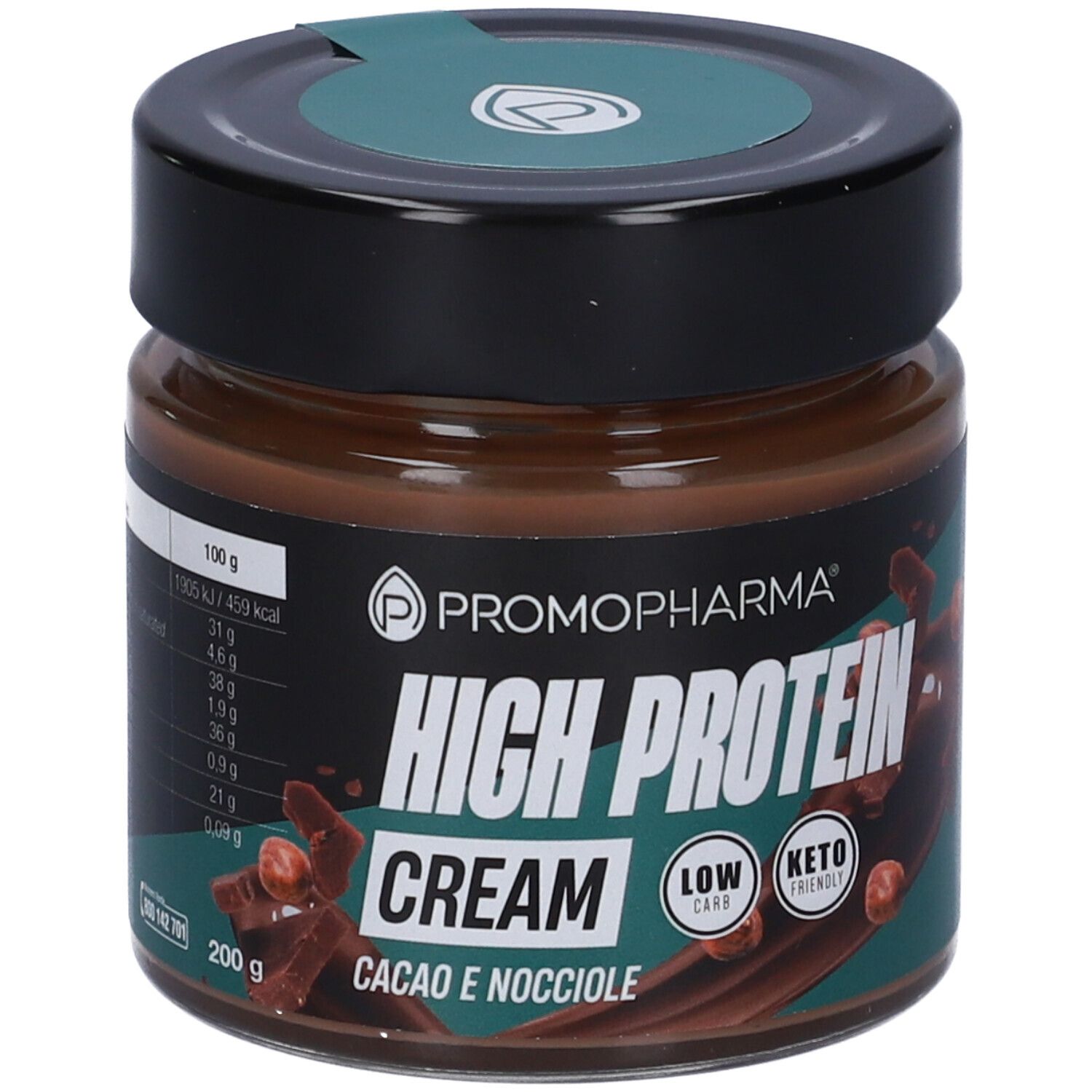 Vasetto di crema al cioccolato. Scritta: High Protein Cream, Cacao e Nocciole. Marchio: PromoPharma. Sigilli Keto e Low Carb.