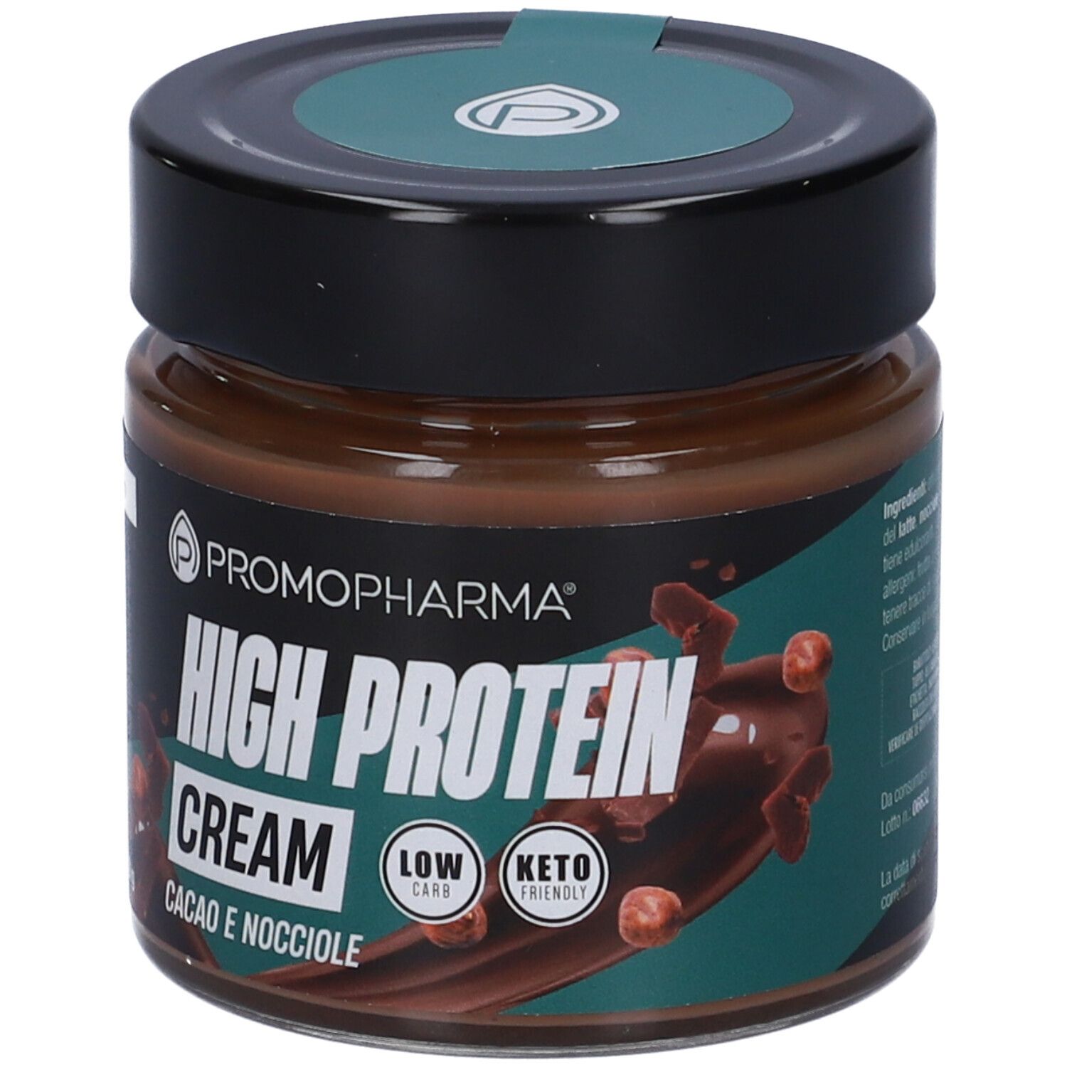 Vasetto di crema al cioccolato. Scritta: High Protein Cream, Cacao e Nocciole. Marchio: PromoPharma. Sigilli Keto e Low Carb.