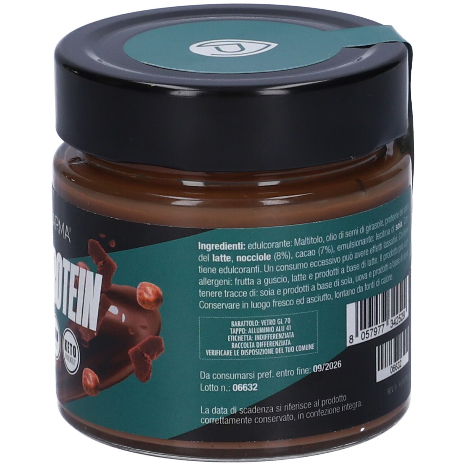 Vasetto di crema al cioccolato. Retro con elenco ingredienti. Scritta: High Protein Cream, Cacao e Nocciole. Marchio: PromoPharma.