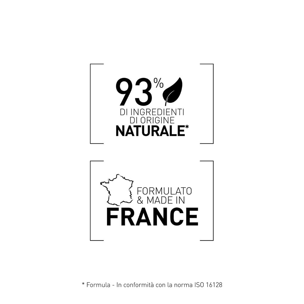 Testo: 93% DI INGREDIENTI DI ORIGINE NATURALE*. Formula & Made in France. ISO 16128.