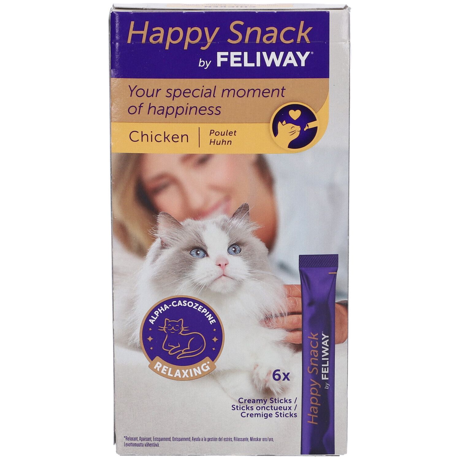 Scatola FELIWAY Happy Snack. Contiene 6 stick. Scritta: Chicken, Alpha-casozepine, Relaxing. Immagine: Gatto e donna.
