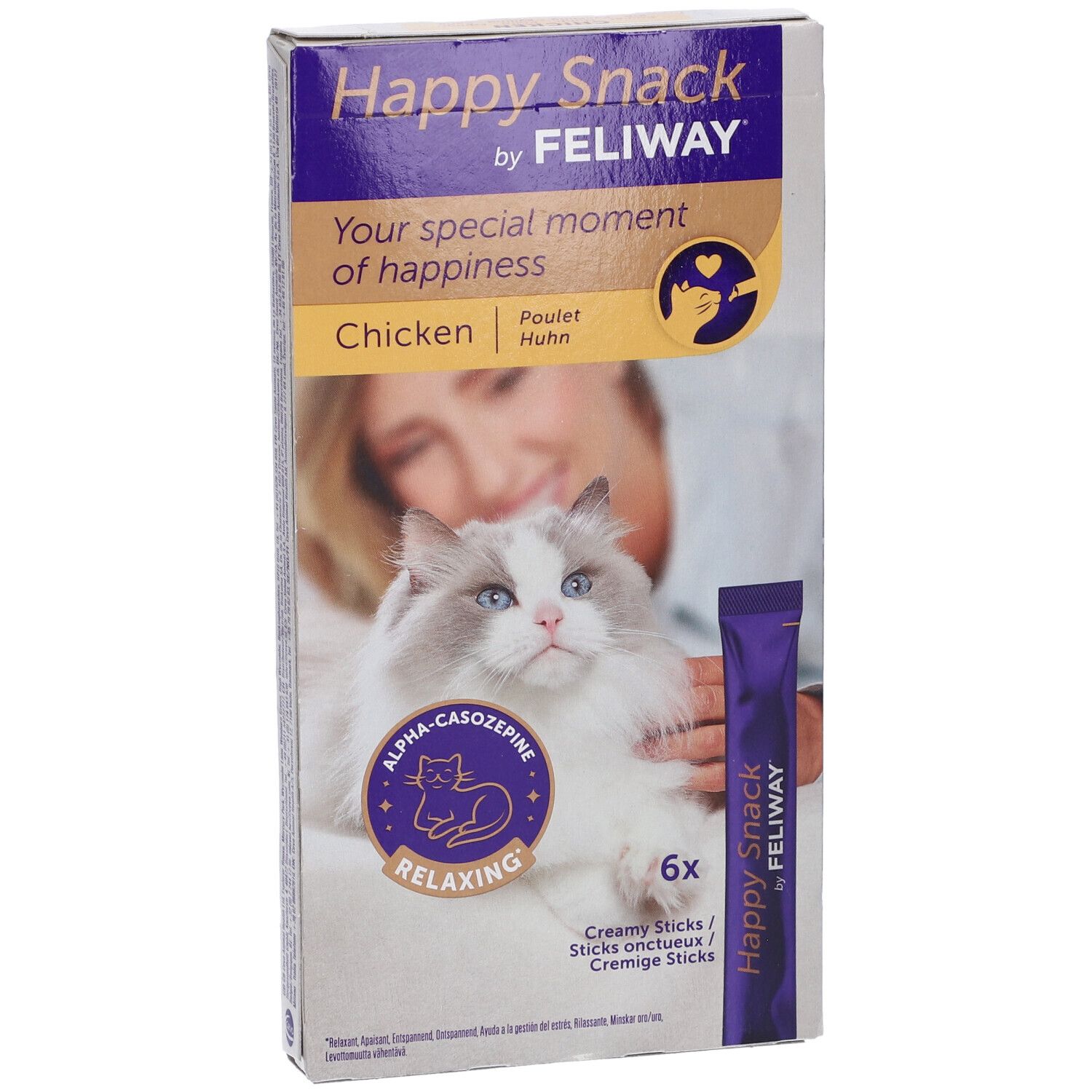 Scatola FELIWAY Happy Snack. Contiene 6 stick. Scritta: Chicken, Alpha-casozepine, Relaxing. Immagine: Gatto e donna.
