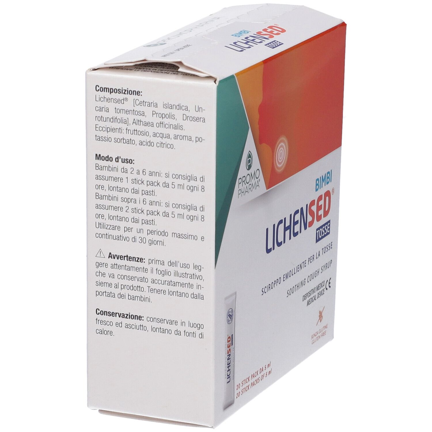 Scatola angolata dall'alto. Testo: Lichensed Bimbi Tosse. Contiene 20 stick. Logo Promo Pharma. Ingredienti e uso.