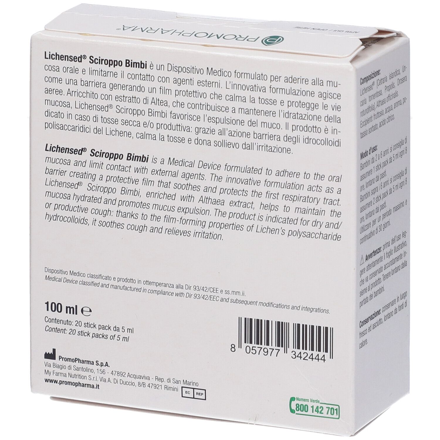 Retro della scatola. Testo: Lichensed Bimbi, 100 ml, 20 stick da 5 ml. Ingredienti, uso, informazioni produttore.