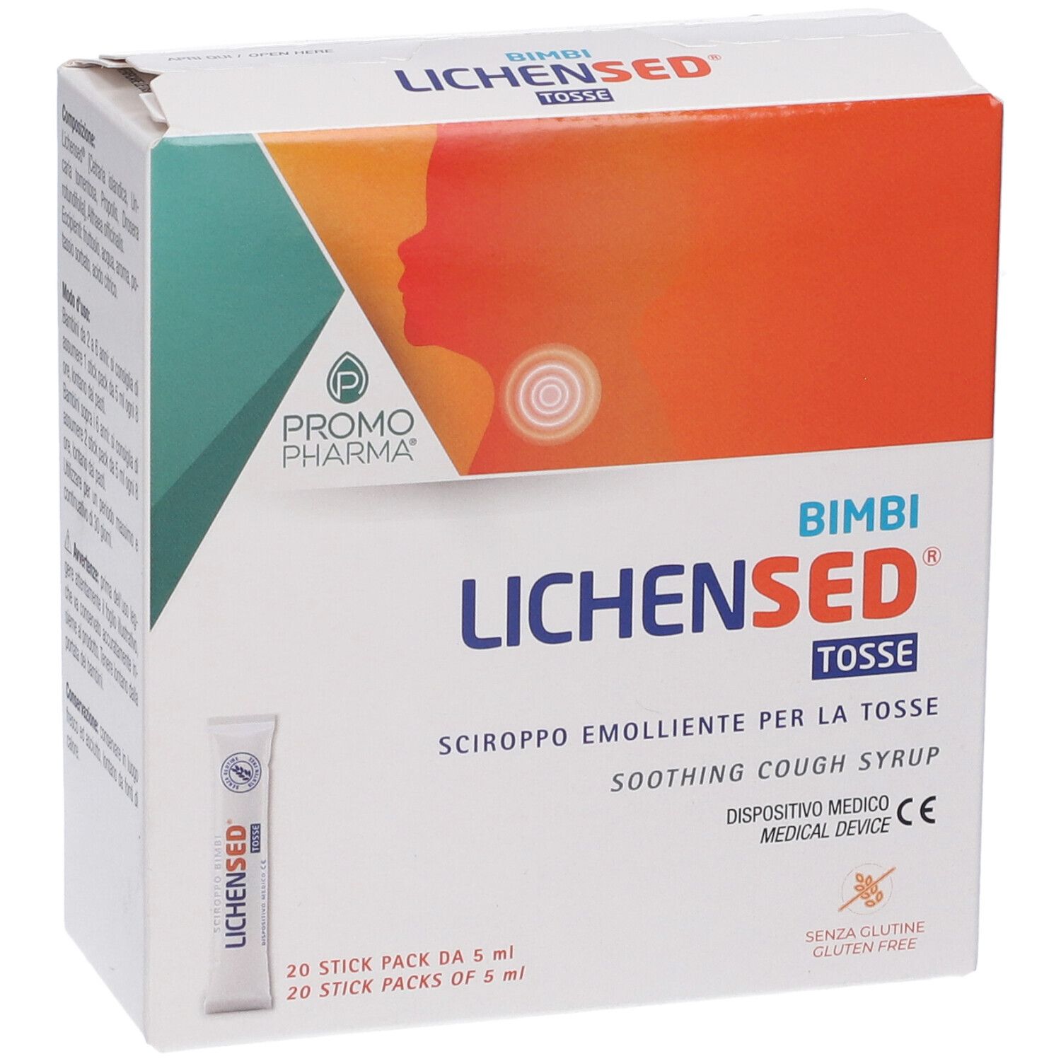 Scatola con testo del prodotto. Contiene 20 stick da 5 ml. Testo: Lichensed Bimbi Tosse, sciroppo per la tosse.