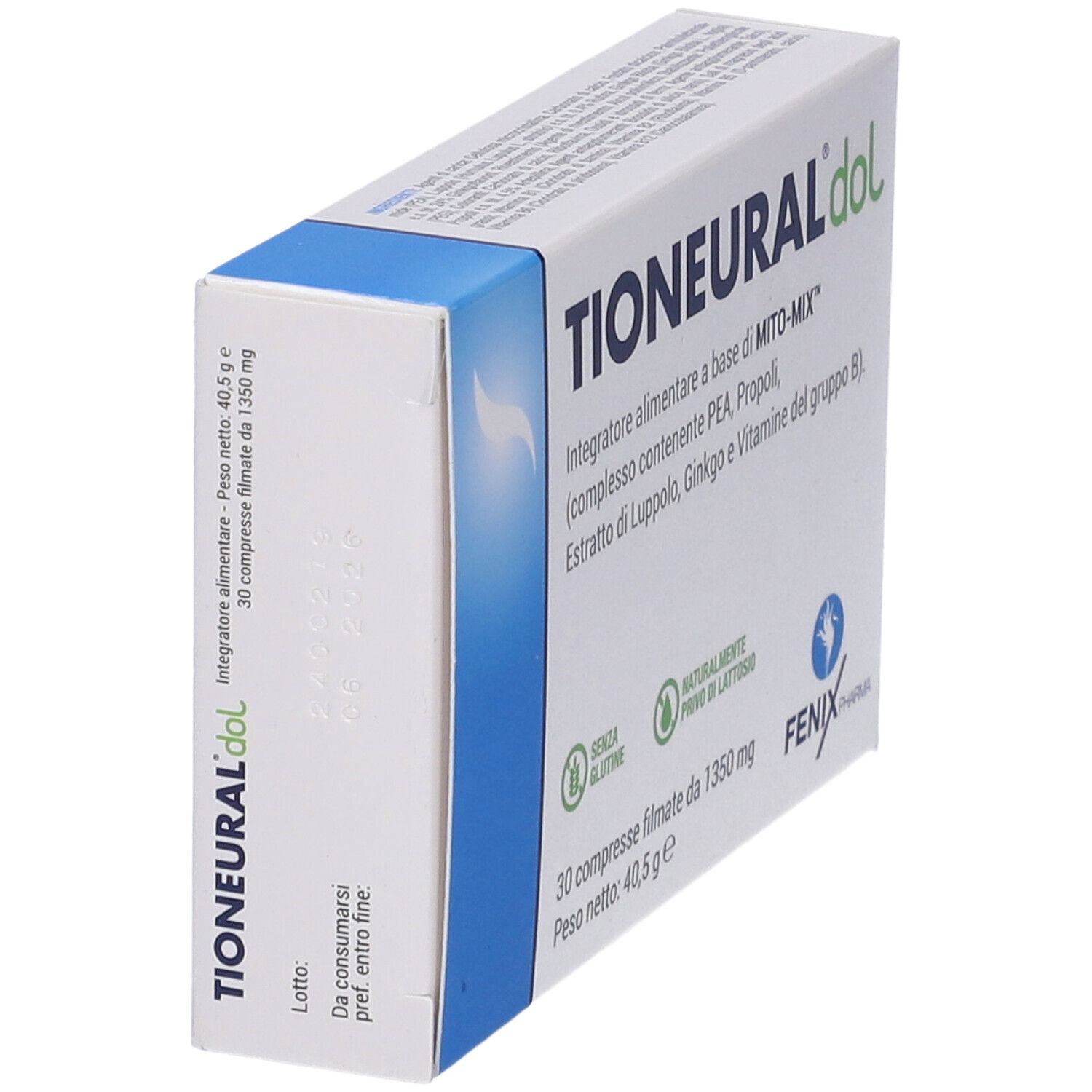 Scatola Tioneural Dol, vista laterale. Contiene 30 compresse. Scritte: Senza glutine, naturalmente privo di lattosio. Marchio: FENIX PHARMA.