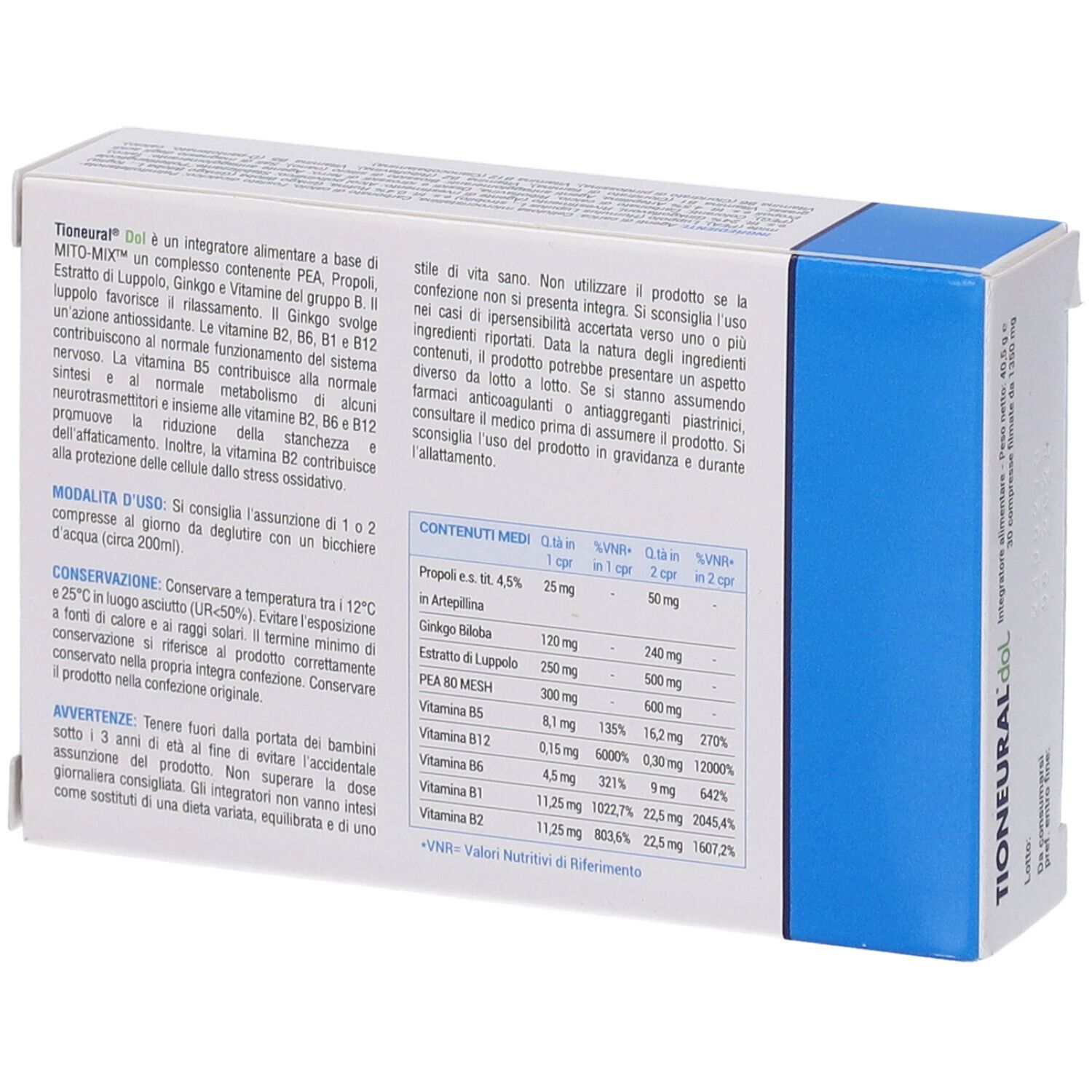 Retro della scatola Tioneural Dol. Contiene informazioni sugli ingredienti e l'uso. Marchio: FENIX PHARMA.